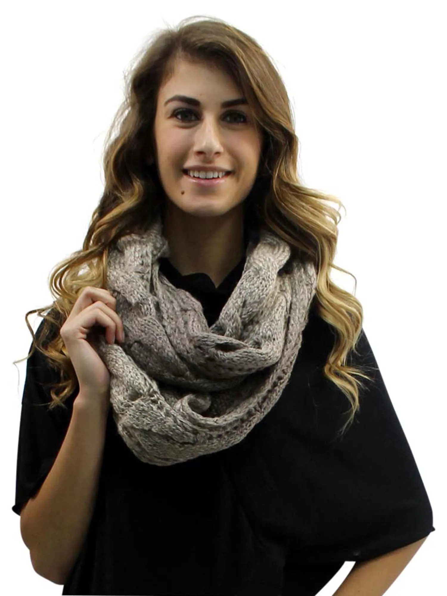 Taupe Two-Tone Thick Cable Knit Ombre Gradient Infinity Scarf