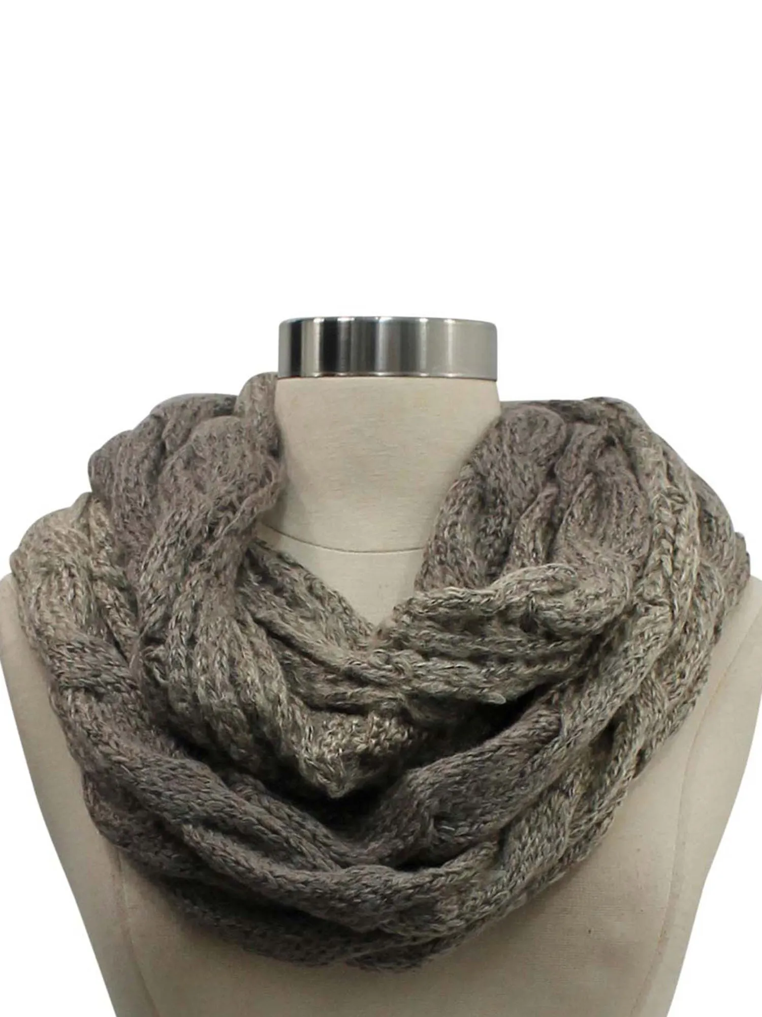 Taupe Two-Tone Thick Cable Knit Ombre Gradient Infinity Scarf