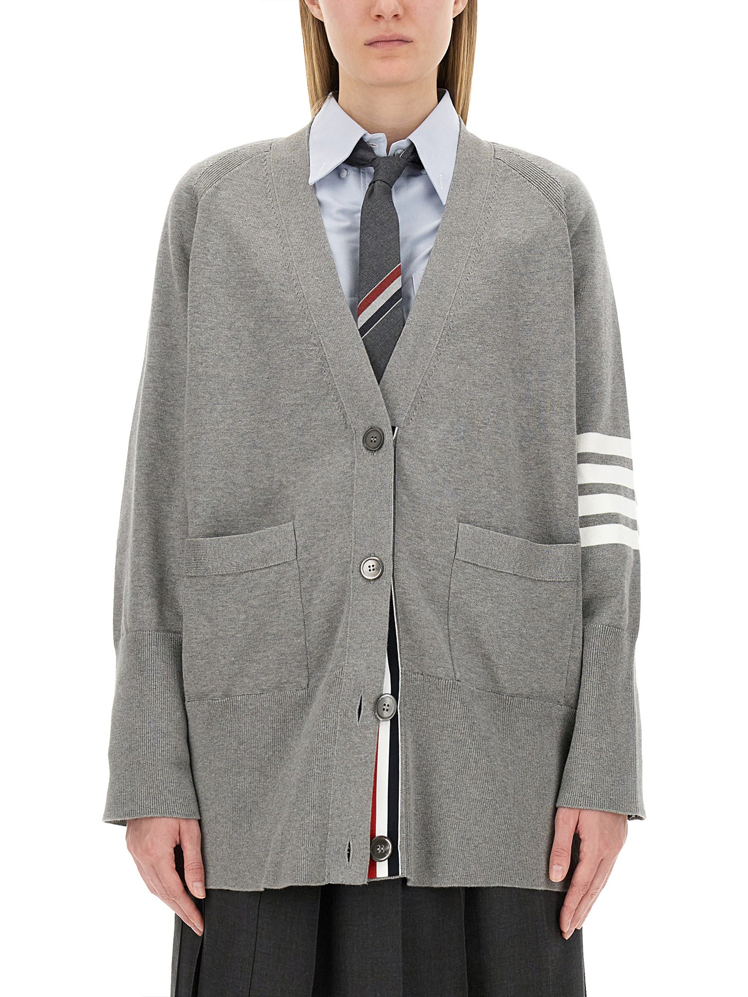 THOM BROWNE    COTTON KNIT CARDIGAN WITH 4BAR INTARSIA