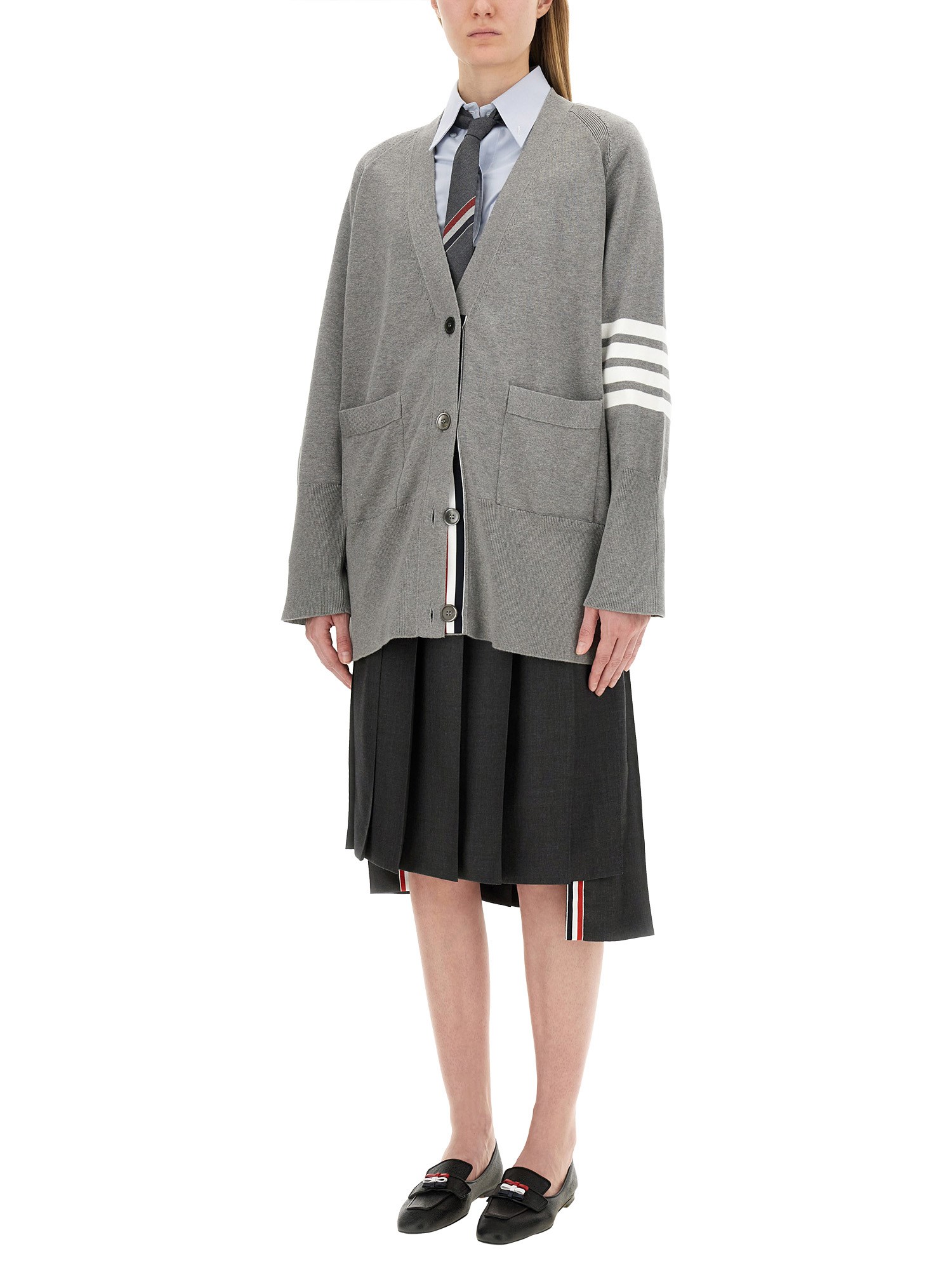 THOM BROWNE    COTTON KNIT CARDIGAN WITH 4BAR INTARSIA