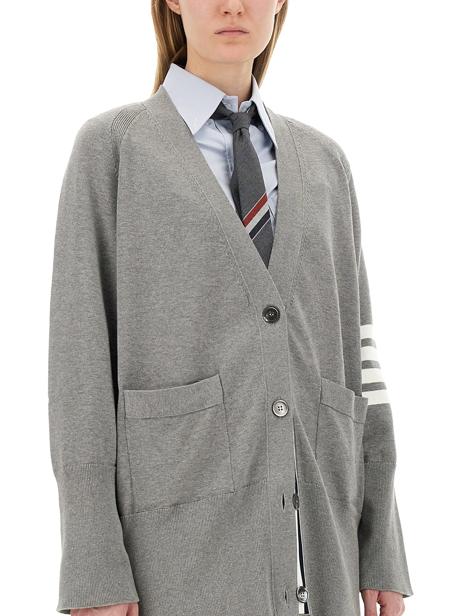 THOM BROWNE    COTTON KNIT CARDIGAN WITH 4BAR INTARSIA