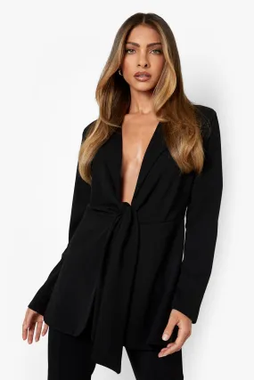 Tie Front Jersey Knit Crepe Tailored Blazer