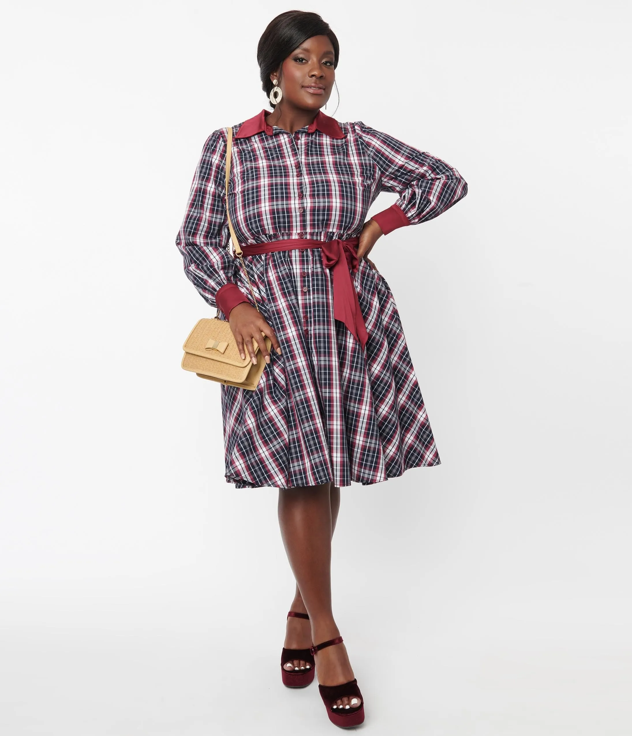 Unique Vintage Plus Size Navy & Burgundy Plaid Shirtdress