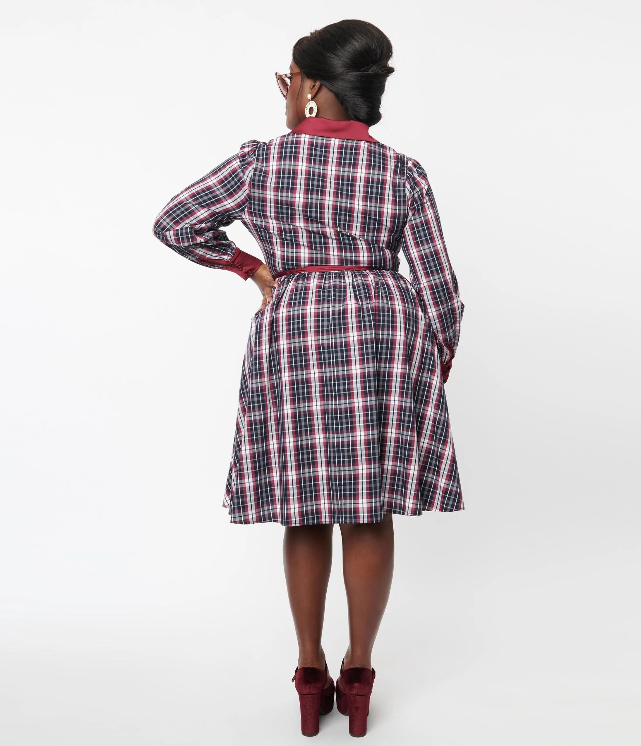 Unique Vintage Plus Size Navy & Burgundy Plaid Shirtdress