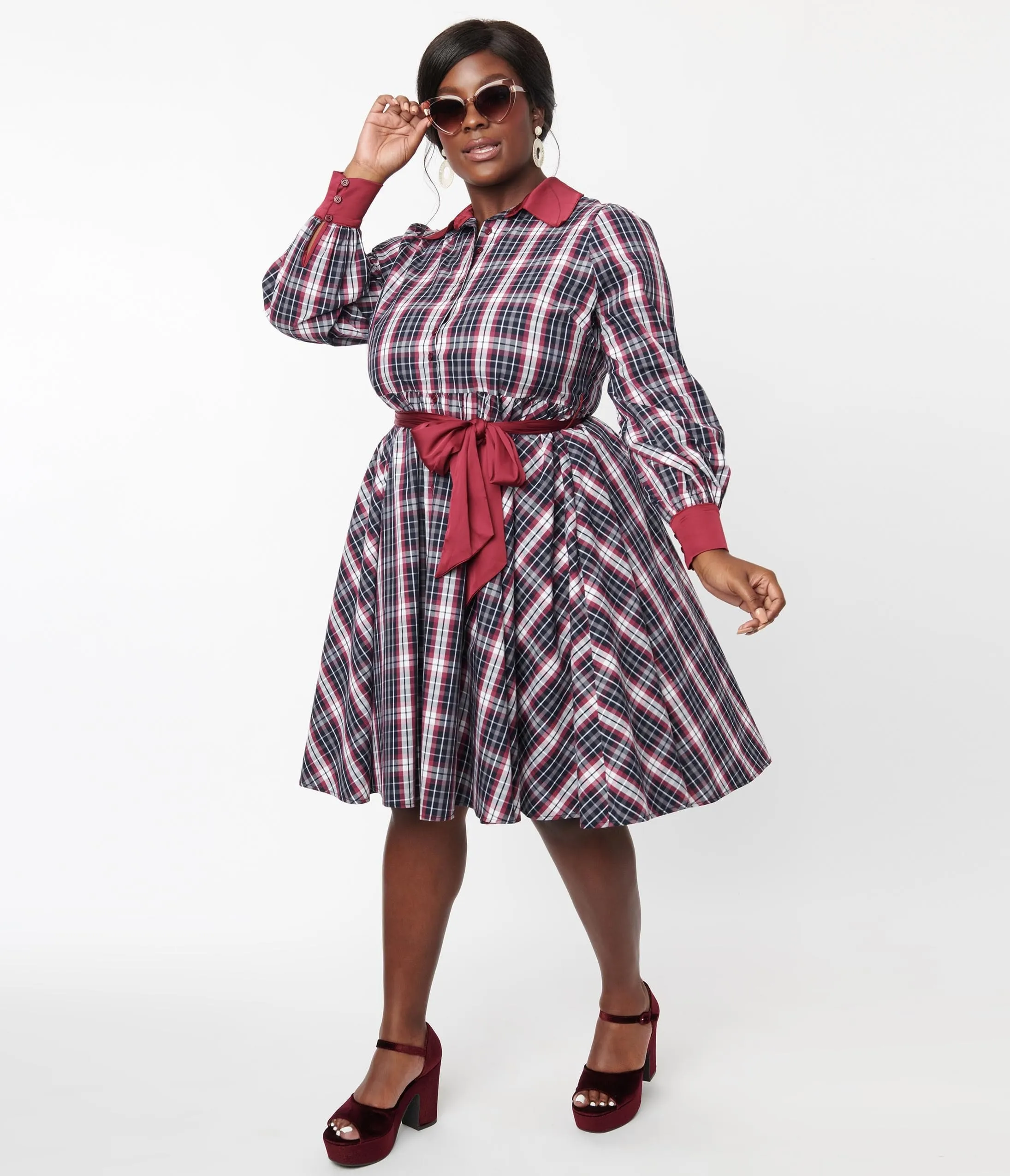 Unique Vintage Plus Size Navy & Burgundy Plaid Shirtdress