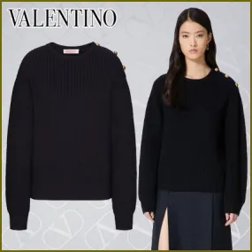 VALENTINO  |Wool Long Sleeves Plain Elegant Style V-neck & Crew neck