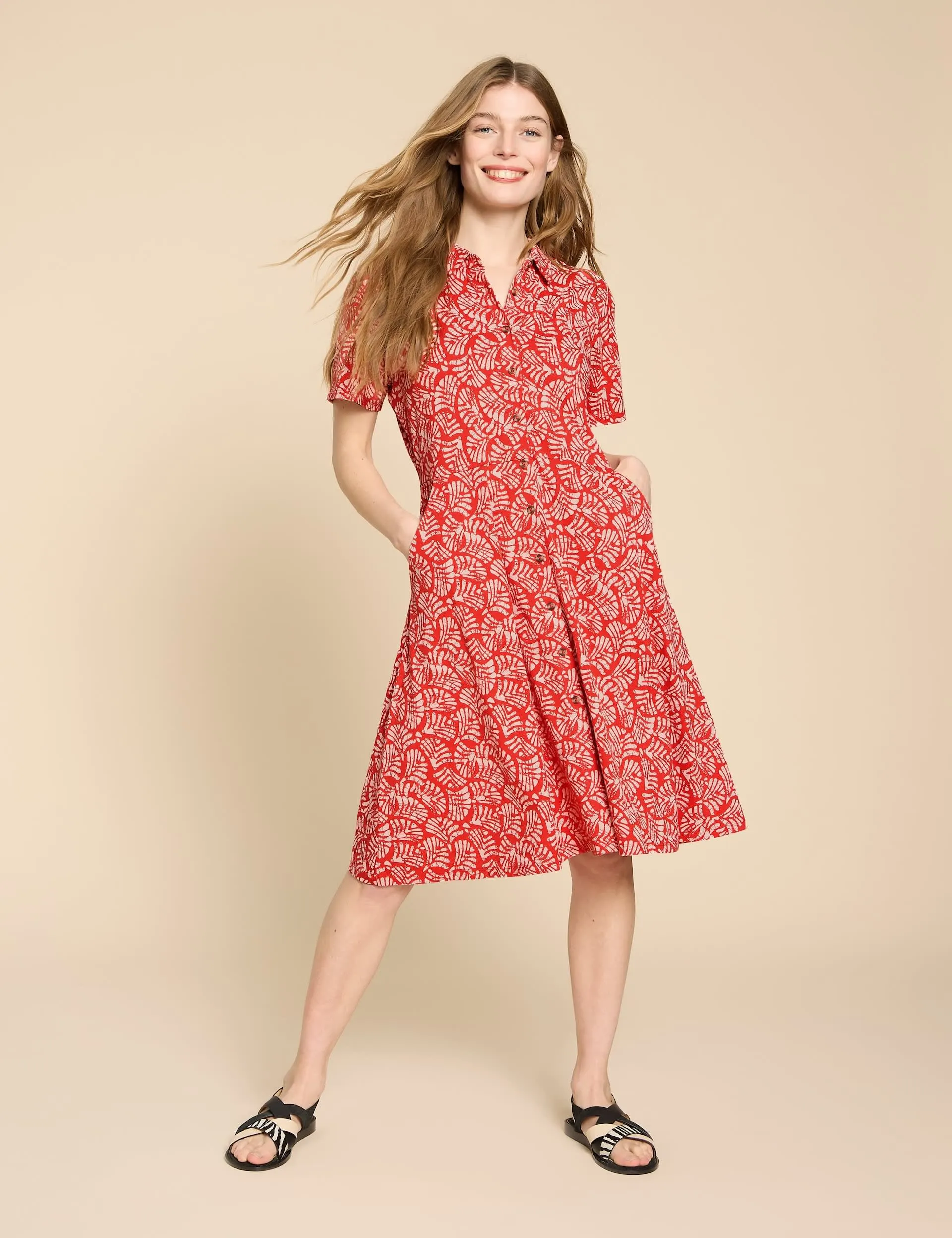 White Stuff Women's Cotton Blend Jersey Floral Shirt Dress - 20 - Red Mix, Red Mix