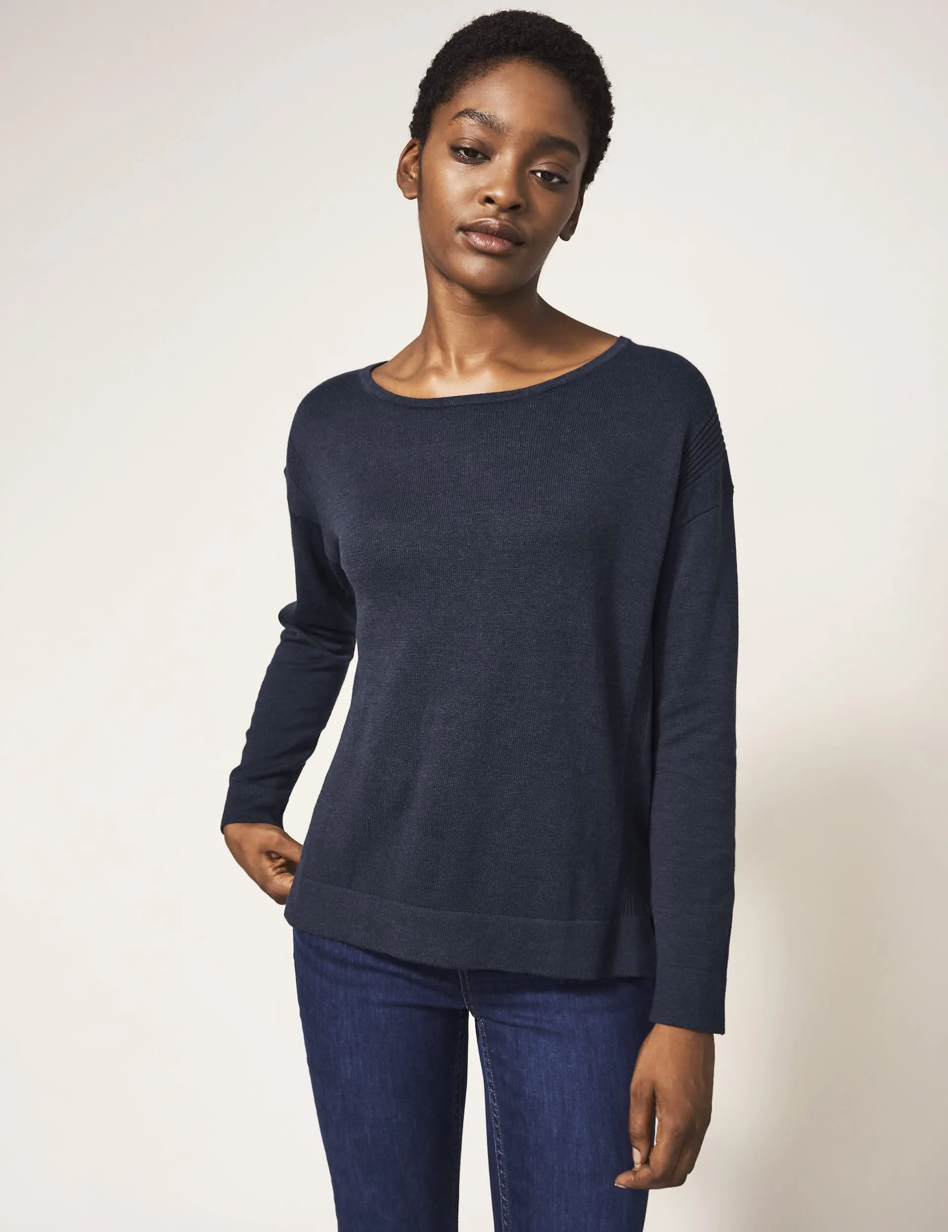 White Stuff Women's Cotton Rich Textured Crew Neck Jumper - 10 - Navy, Navy