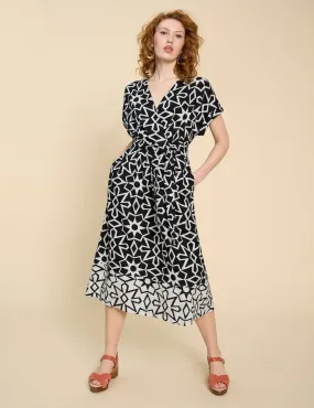 White Stuff Women's Linen Rich Printed V-Neck Midi Wrap Dress - 12 - Black Mix, Black Mix