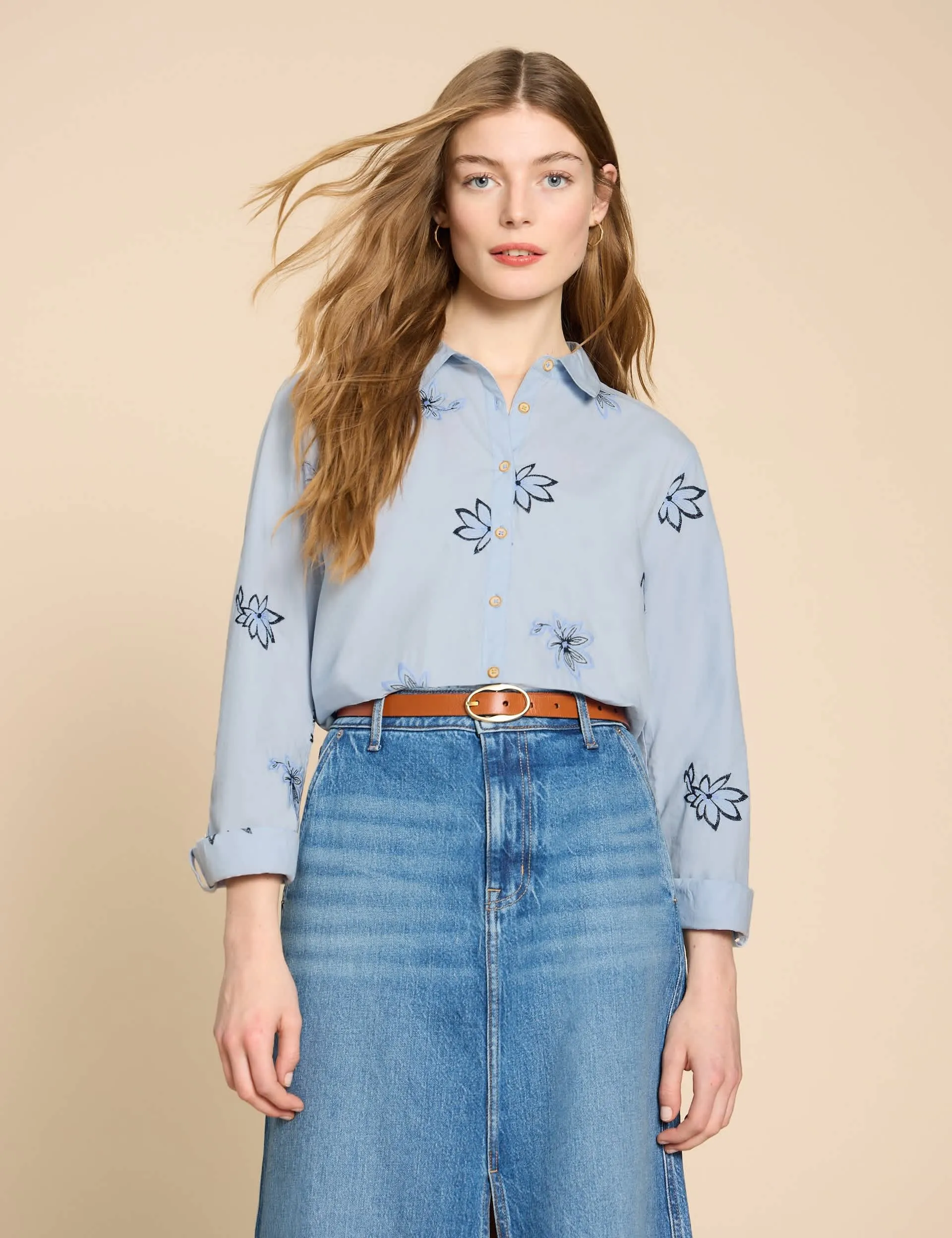 White Stuff Women's Pure Cotton Embroidered Shirt - 12 - Blue Mix, Blue Mix