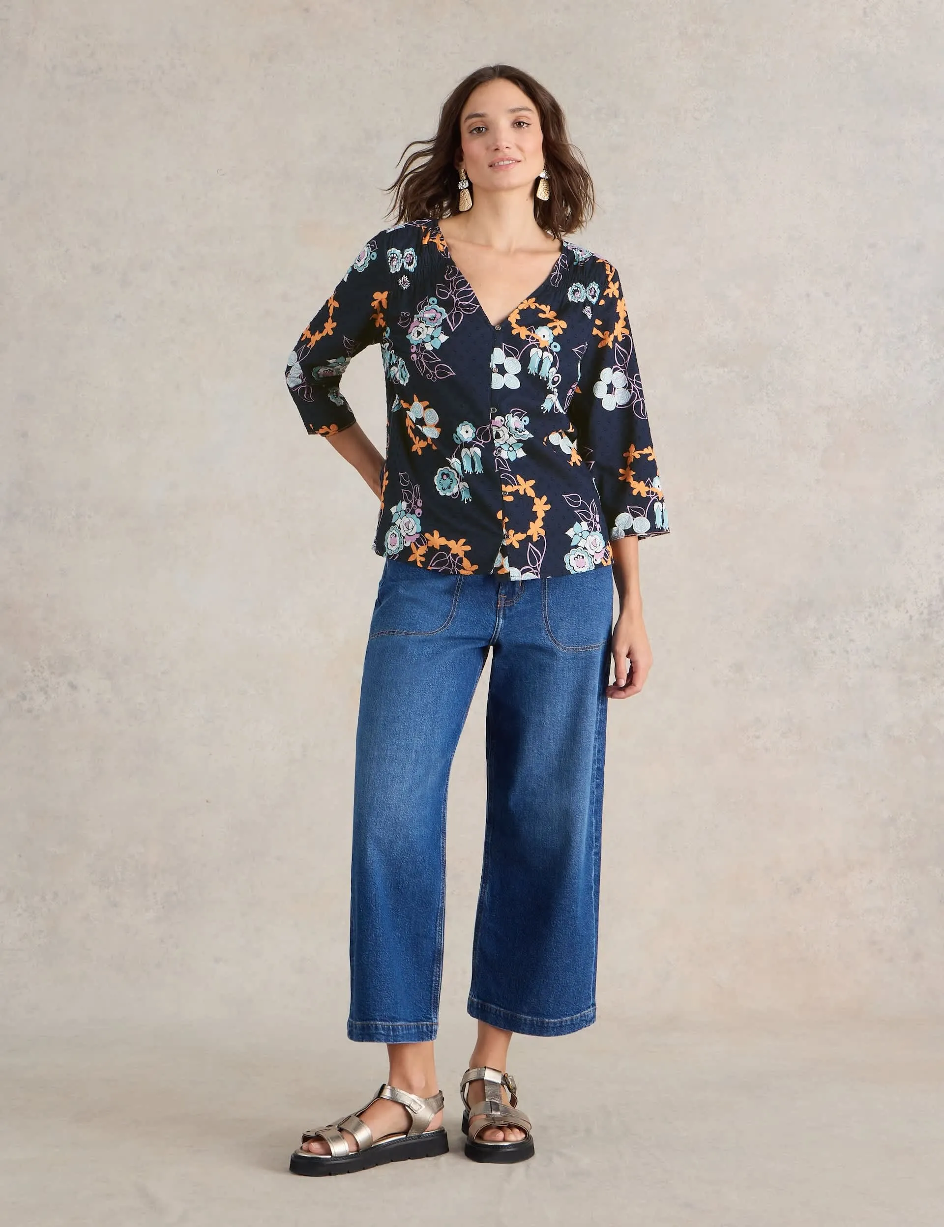 White Stuff Women's Pure Cotton Floral Button Through Blouse - 10 - Navy Mix, Navy Mix