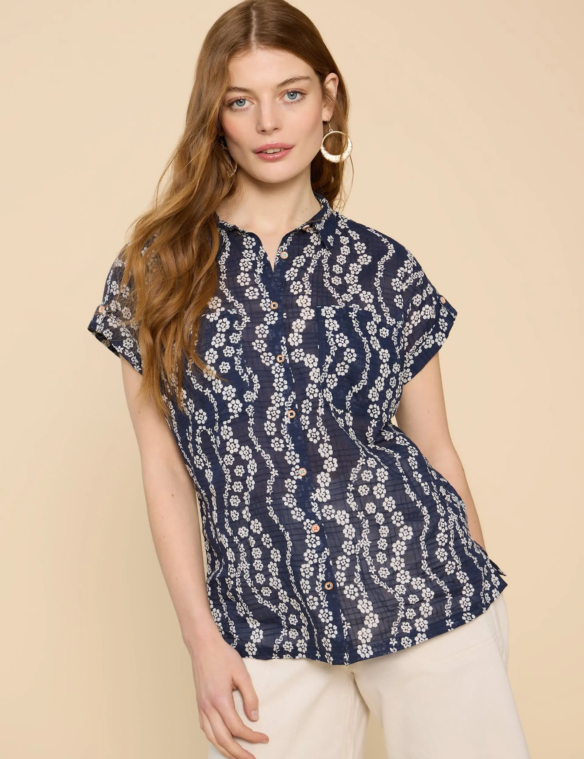 White Stuff Women's Pure Cotton Floral Collared Cap Sleeve Shirt - 8 - Navy Mix, Navy Mix