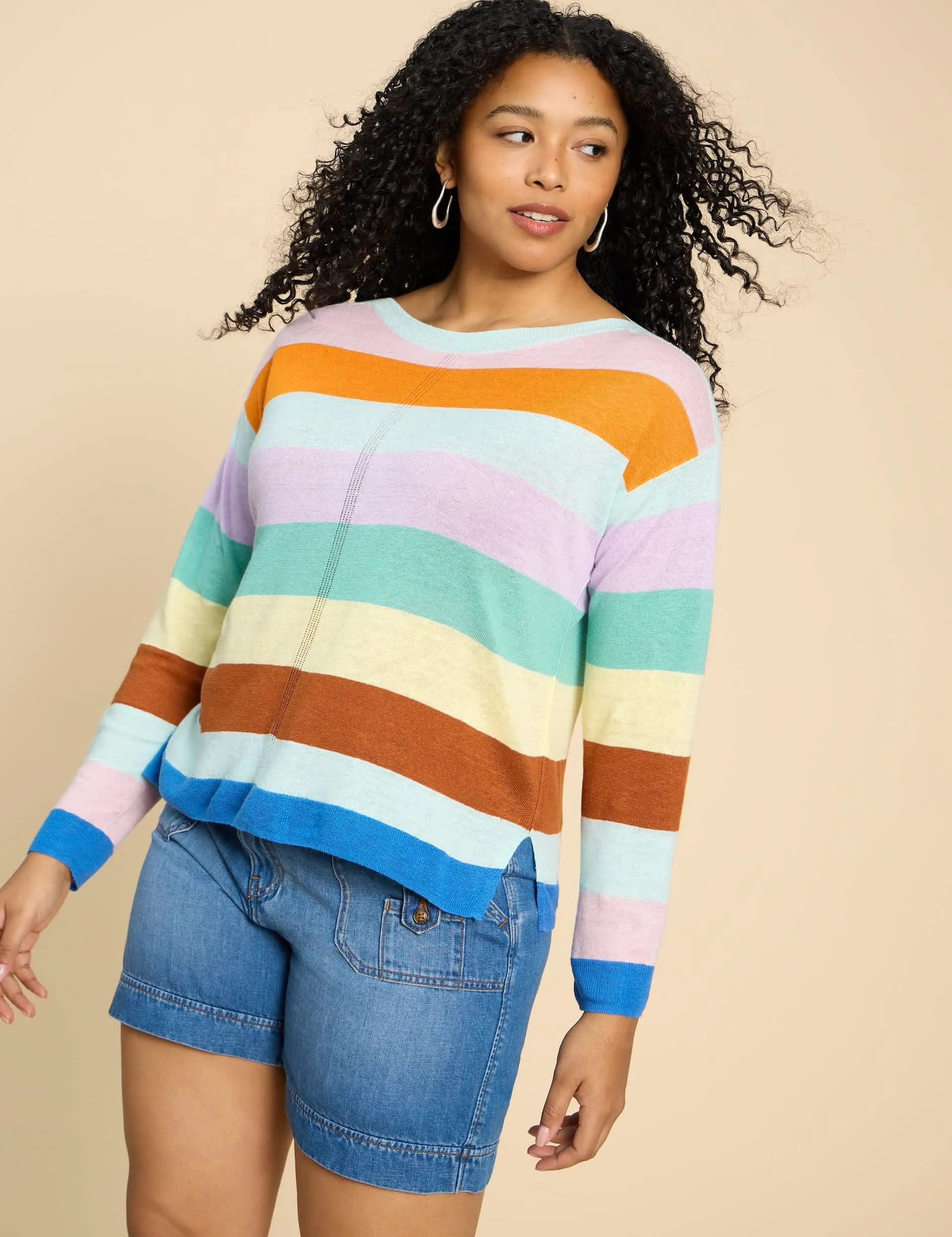 White Stuff Women's Pure Linen Striped Crew Neck Jumper - 12 - Teal Mix, Teal Mix