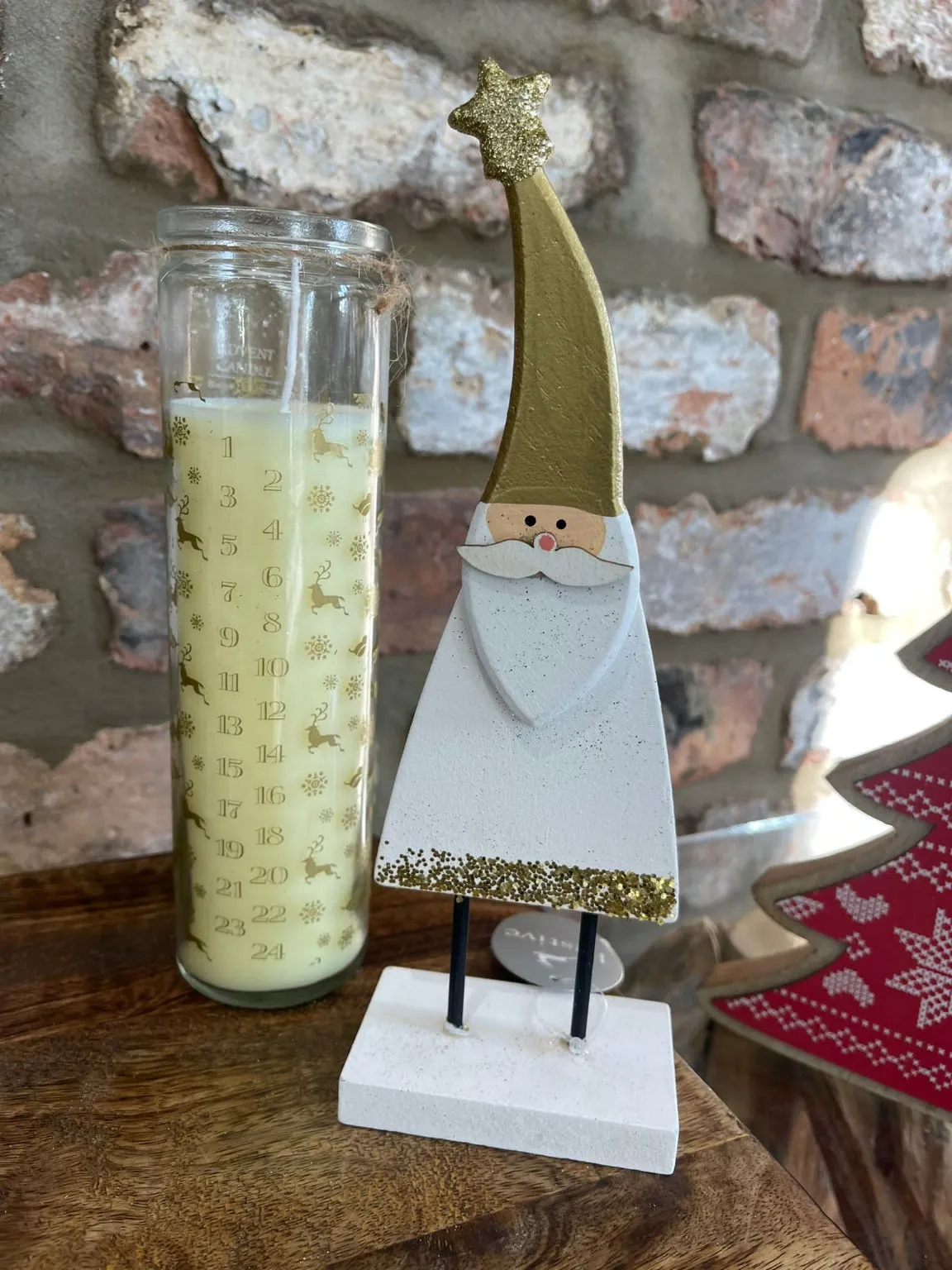 White Wooden Santa With Gold Detail