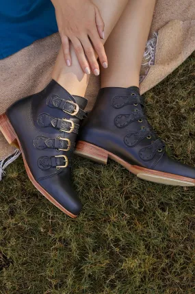 Wild Rose Leather Ankle Booties in Black