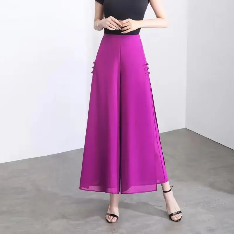 Women Pant Elegant Chiffon High Waist Bow-knot Side Split