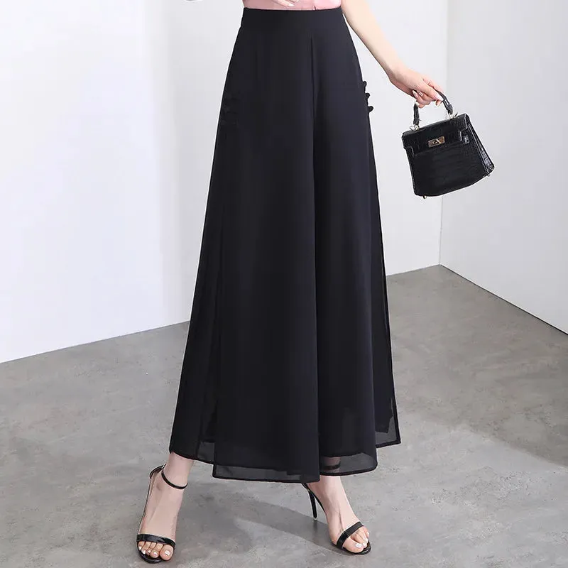 Women Pant Elegant Chiffon High Waist Bow-knot Side Split