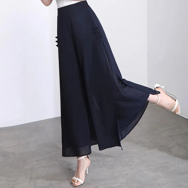 Women Pant Elegant Chiffon High Waist Bow-knot Side Split