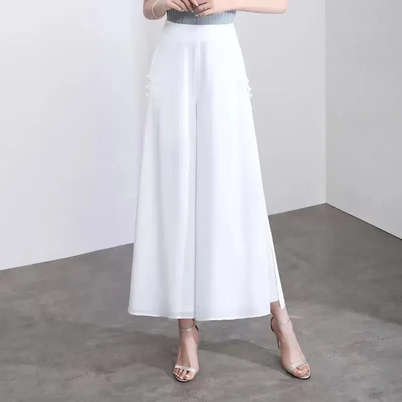 Women Pant Elegant Chiffon High Waist Bow-knot Side Split