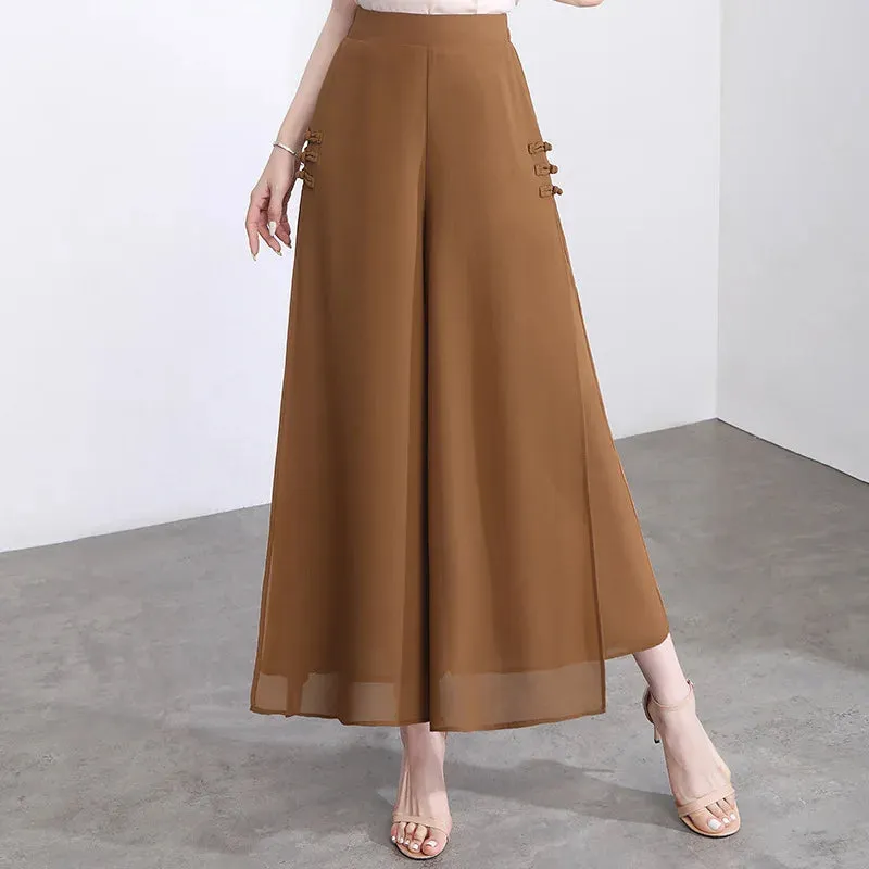 Women Pant Elegant Chiffon High Waist Bow-knot Side Split