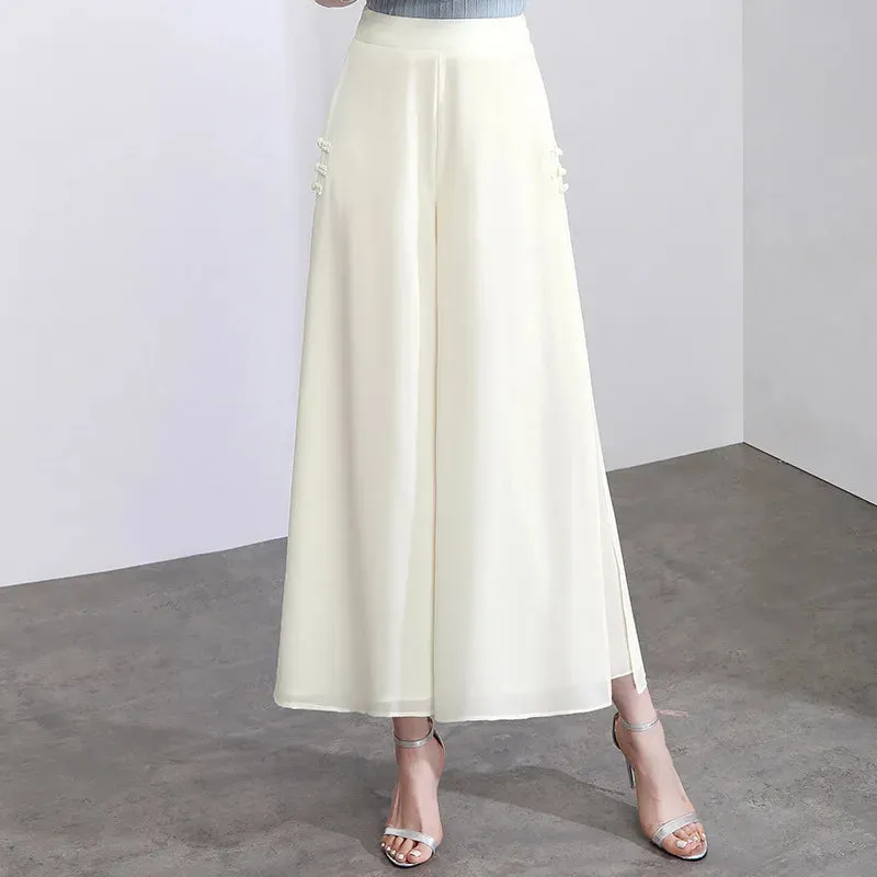 Women Pant Elegant Chiffon High Waist Bow-knot Side Split