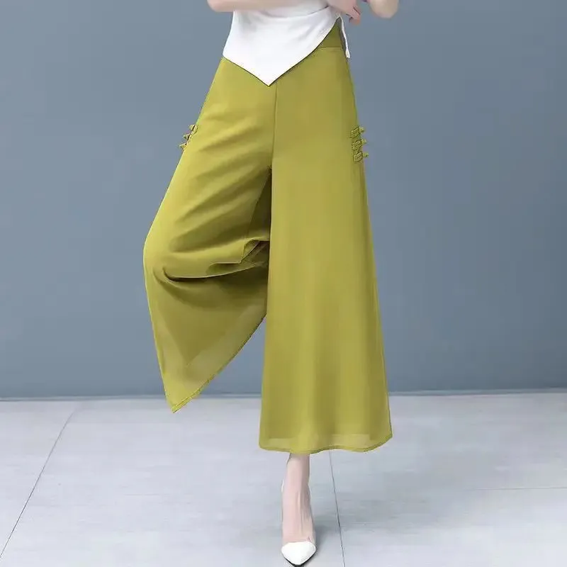 Women Pant Elegant Chiffon High Waist Bow-knot Side Split