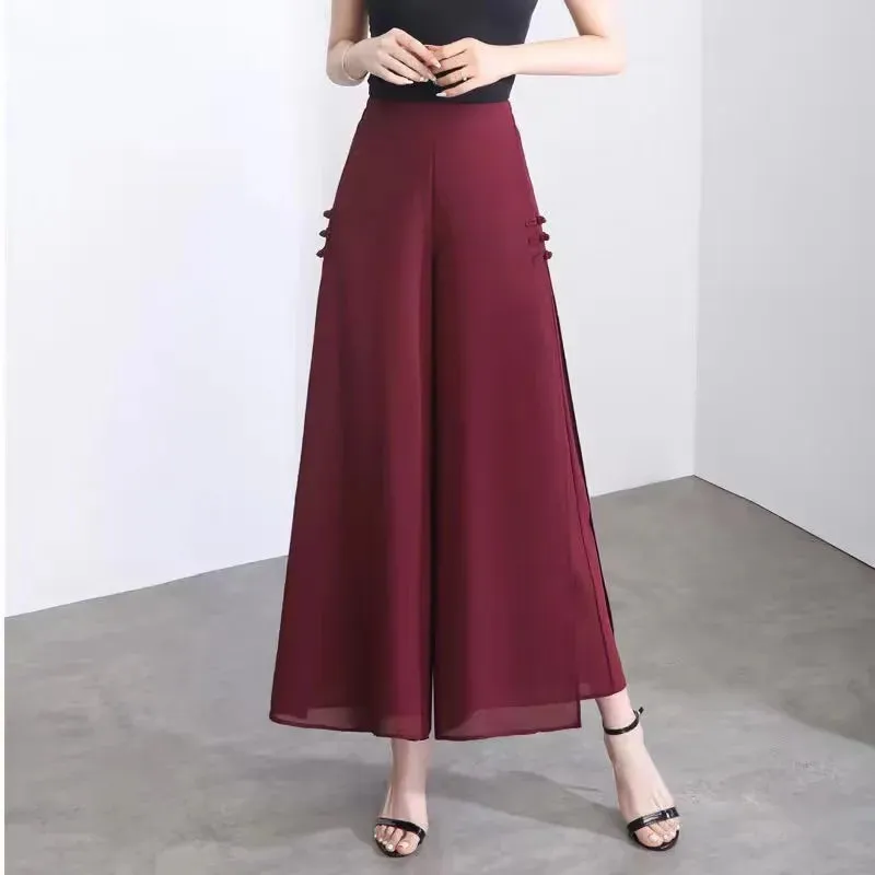 Women Pant Elegant Chiffon High Waist Bow-knot Side Split