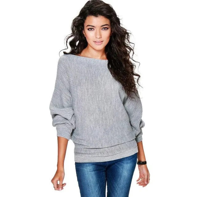 Women Sweater Fashion Knitted Slash Neck Sweater And Pullovers Casual Full Batwing Sleeve Solid Knittwear #WY GS