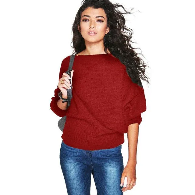 Women Sweater Fashion Knitted Slash Neck Sweater And Pullovers Casual Full Batwing Sleeve Solid Knittwear #WY GS