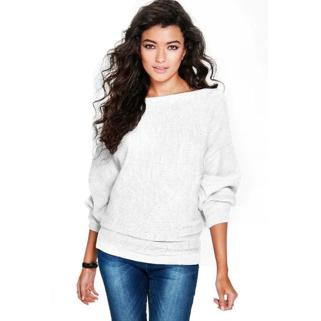 Women Sweater Fashion Knitted Slash Neck Sweater And Pullovers Casual Full Batwing Sleeve Solid Knittwear #WY GS