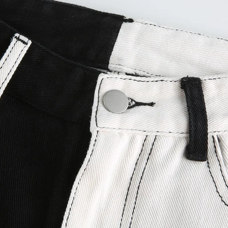 Women's Black and White Patchwork Straight High Waisted Denim Pants