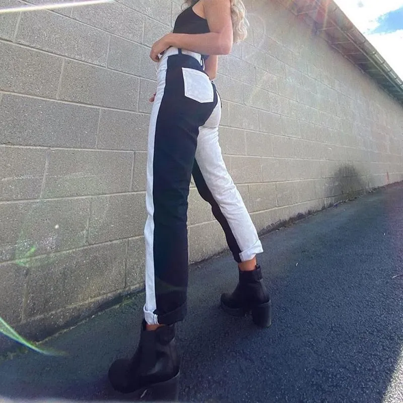 Women's Black and White Patchwork Straight High Waisted Denim Pants