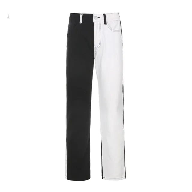 Women's Black and White Patchwork Straight High Waisted Denim Pants