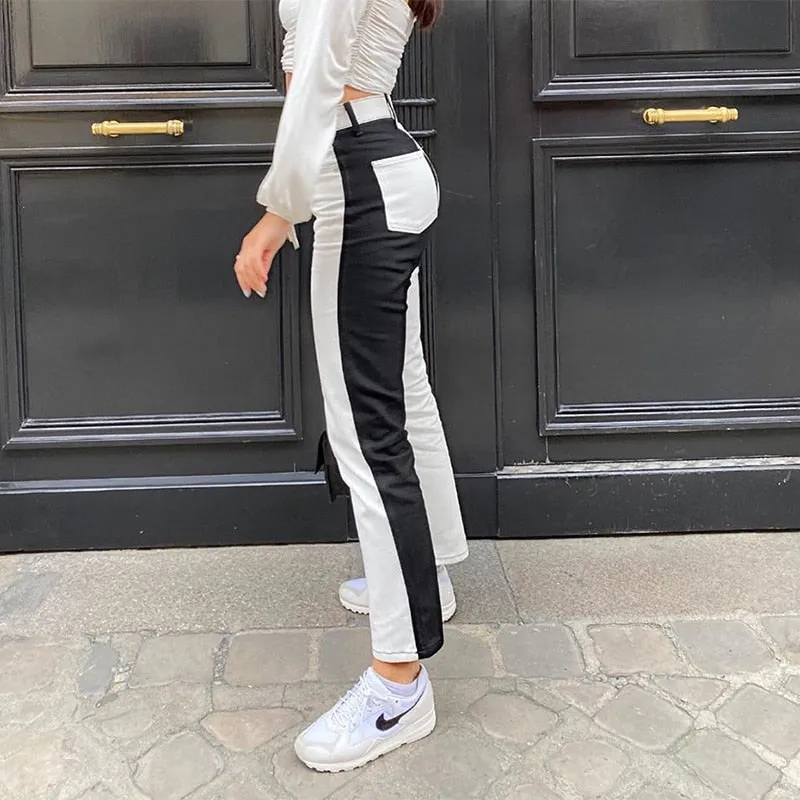 Women's Black and White Patchwork Straight High Waisted Denim Pants