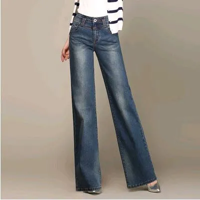 Women's Casual Loose High Waist Zipper Fly Straight Wide Leg Jeans