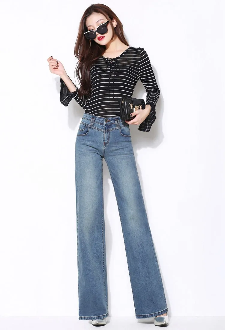 Women's Casual Loose High Waist Zipper Fly Straight Wide Leg Jeans