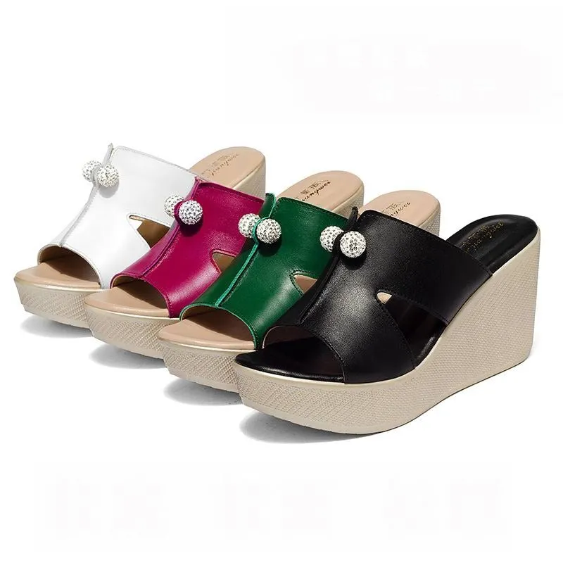 Women's Leisure Genuine Leather High Heel Slip-On Wedge Sandals