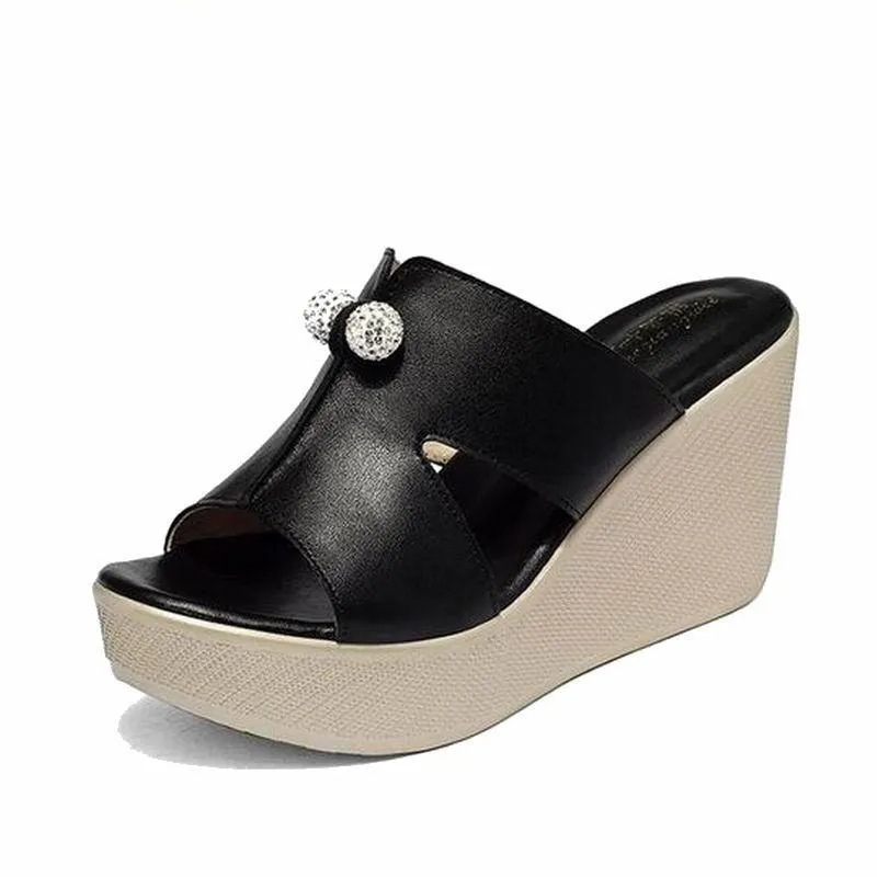 Women's Leisure Genuine Leather High Heel Slip-On Wedge Sandals