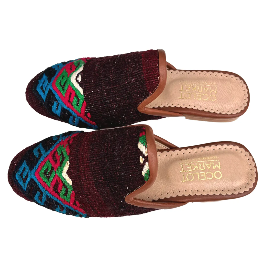 Women's Turkish Kilim Mule Maroon with Red, Blue & Green Pattern