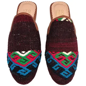 Women's Turkish Kilim Mule Maroon with Red, Blue & Green Pattern