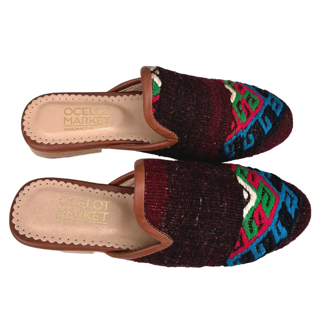 Women's Turkish Kilim Mule Maroon with Red, Blue & Green Pattern