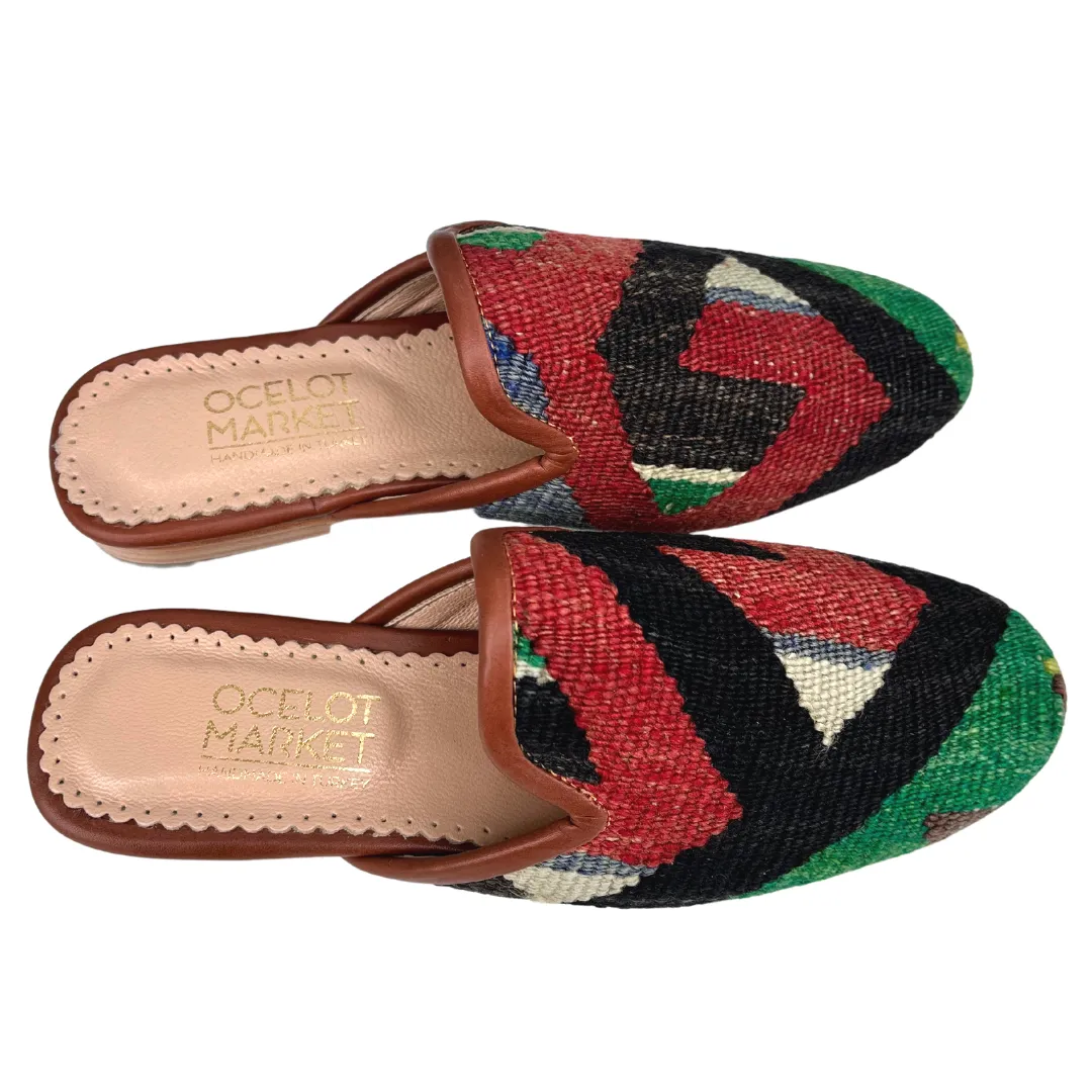 Women's Turkish Kilim Mule Red, Black & Green