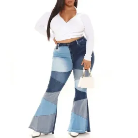 Women's Vintage High Waist Elastic Contrast Patchwork Flare Pants