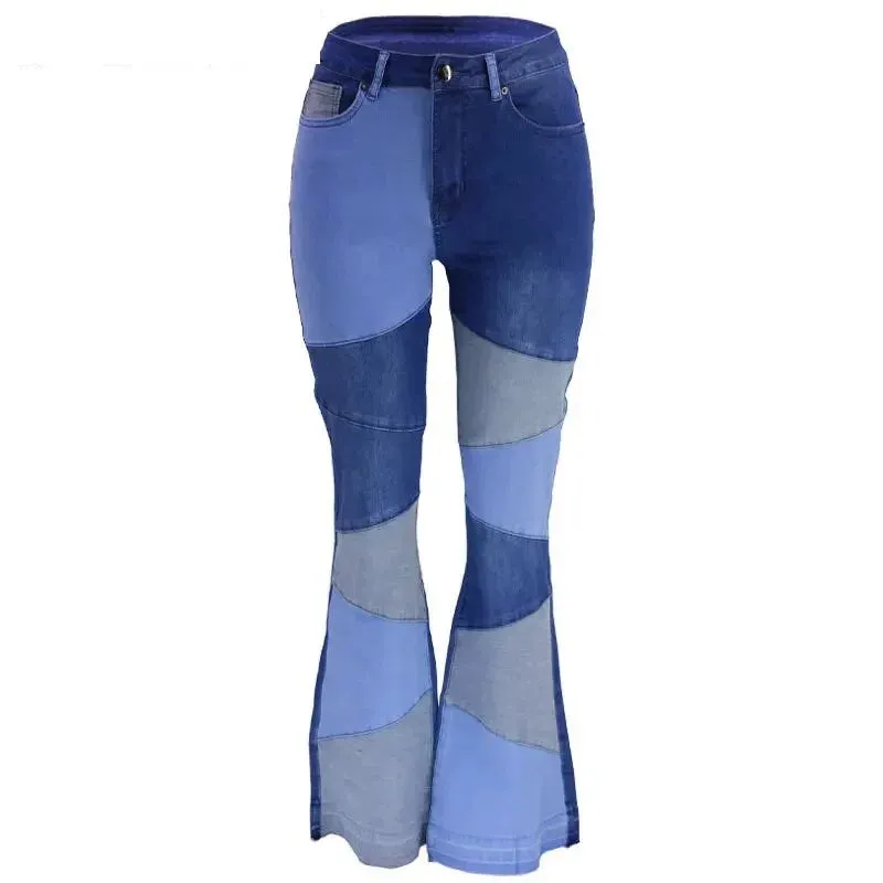 Women's Vintage High Waist Elastic Contrast Patchwork Flare Pants