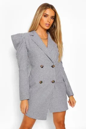 Woven Dogtooth Puff Sleeve Blazer Dress