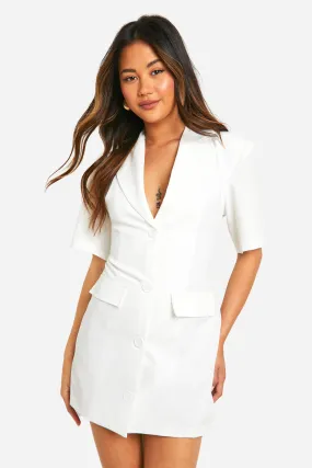 Woven  Short Sleeve Plunge Blazer Dress