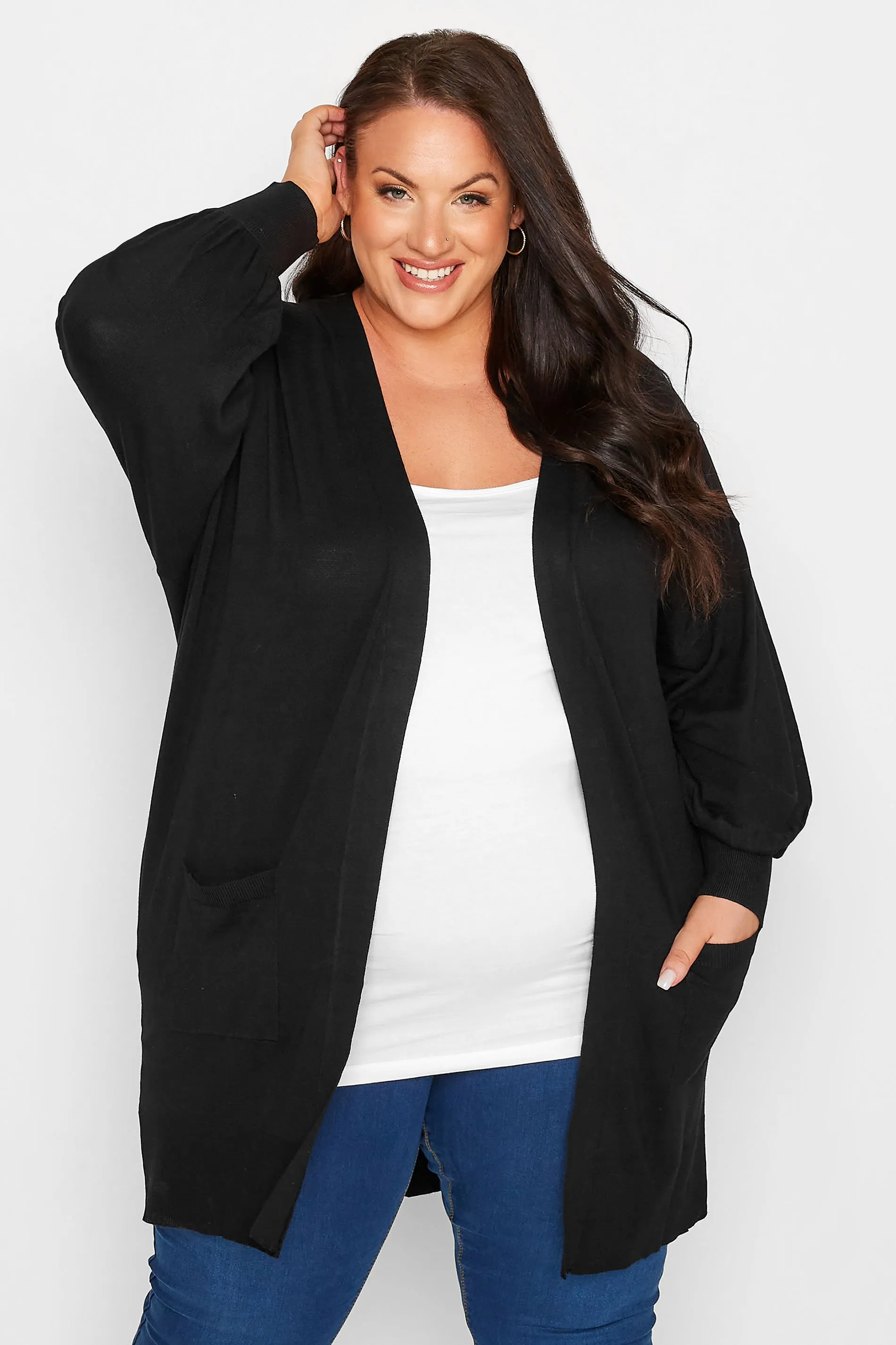 YOURS Curve Black Balloon Sleeve Fine Knit Cardigan