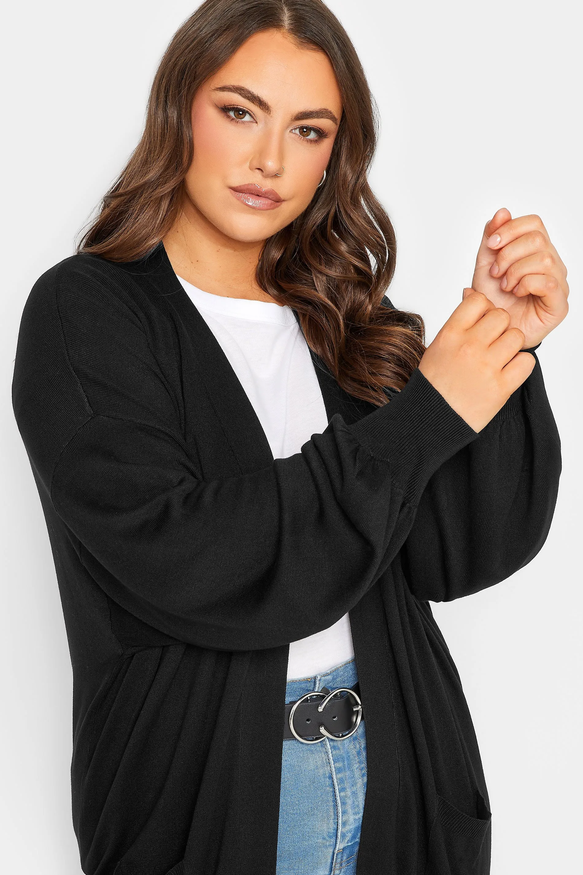 YOURS Curve Black Balloon Sleeve Fine Knit Cardigan