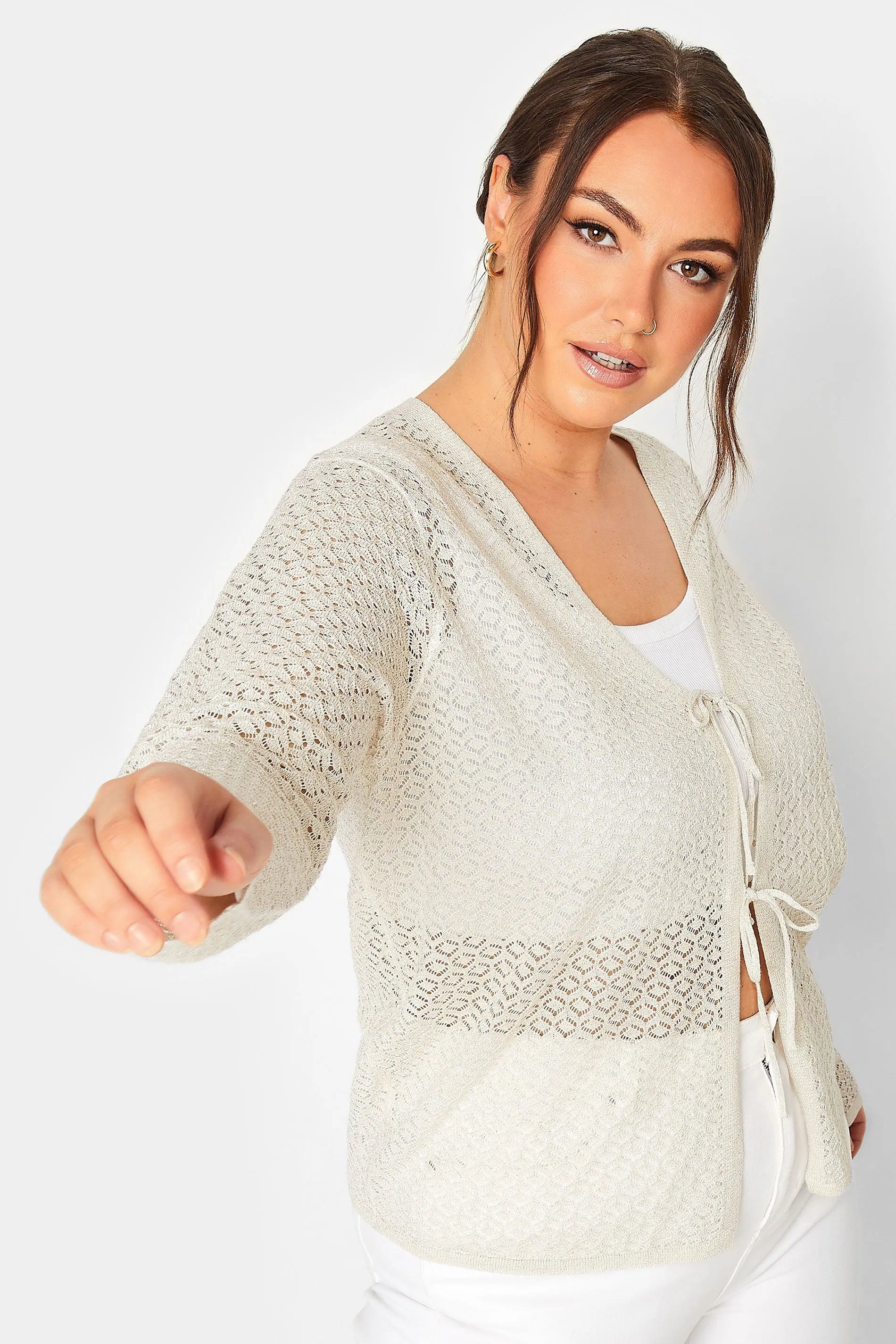 YOURS Curve Cream Metallic Tie Knot Front Cardigan