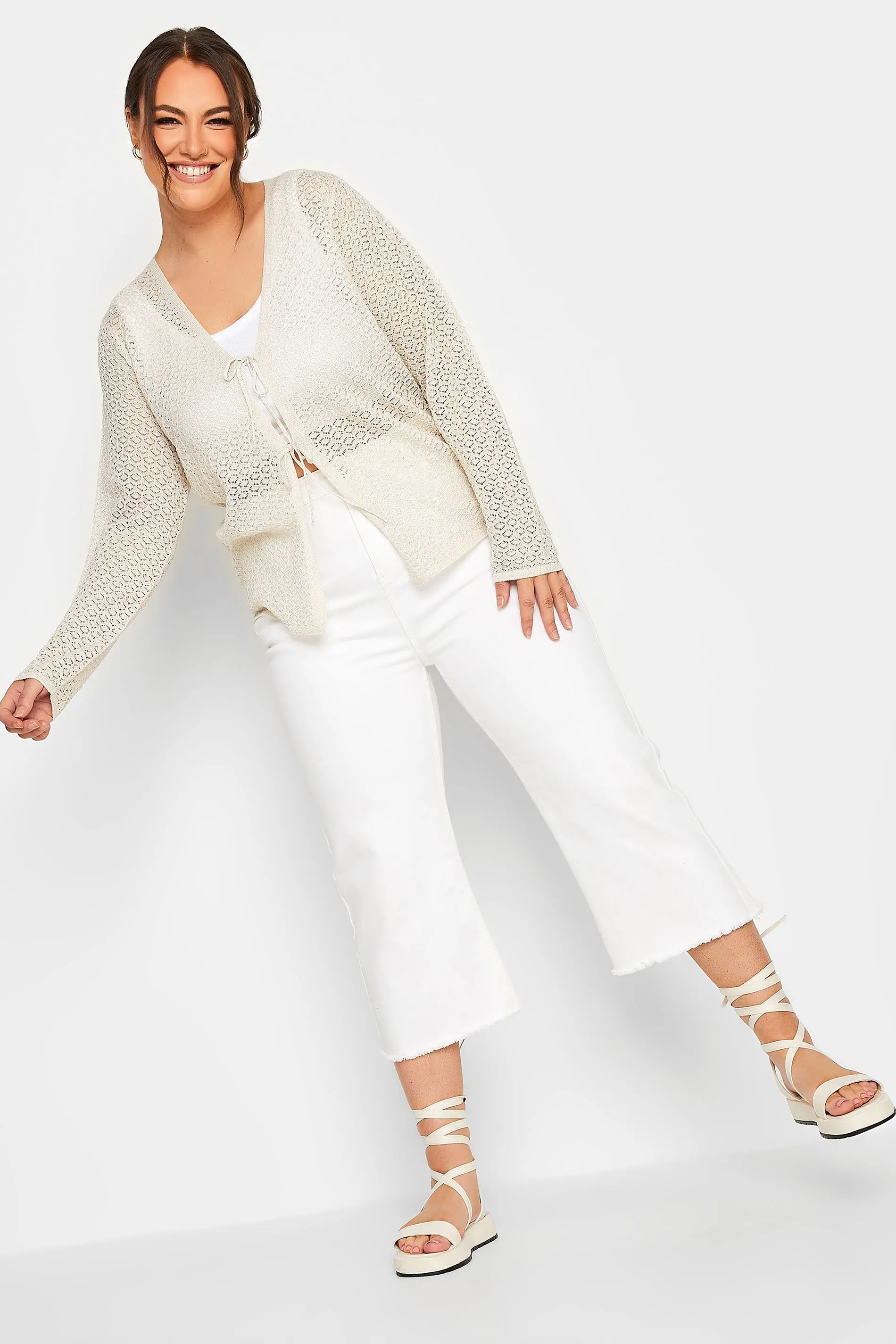 YOURS Curve Cream Metallic Tie Knot Front Cardigan